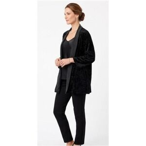 LOGO Lori Goldstein Black Cardigan M/L Velvet Floral Draped Open Front Kimono